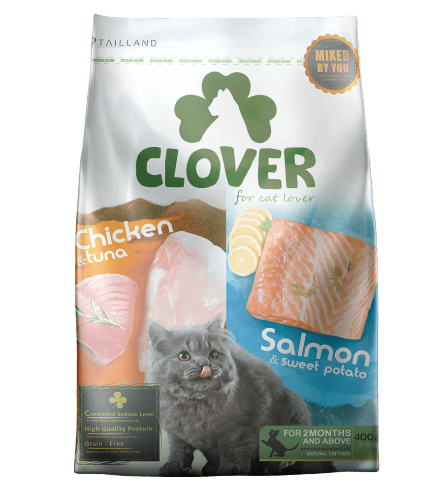 อาหารแมว CLOVER สูตร MIX BY YOU รสไก่กับทูน่า และแซลมอน เกรด HOLISTIC GRAIN-FREE โซเดียมต่ำ (400 G)